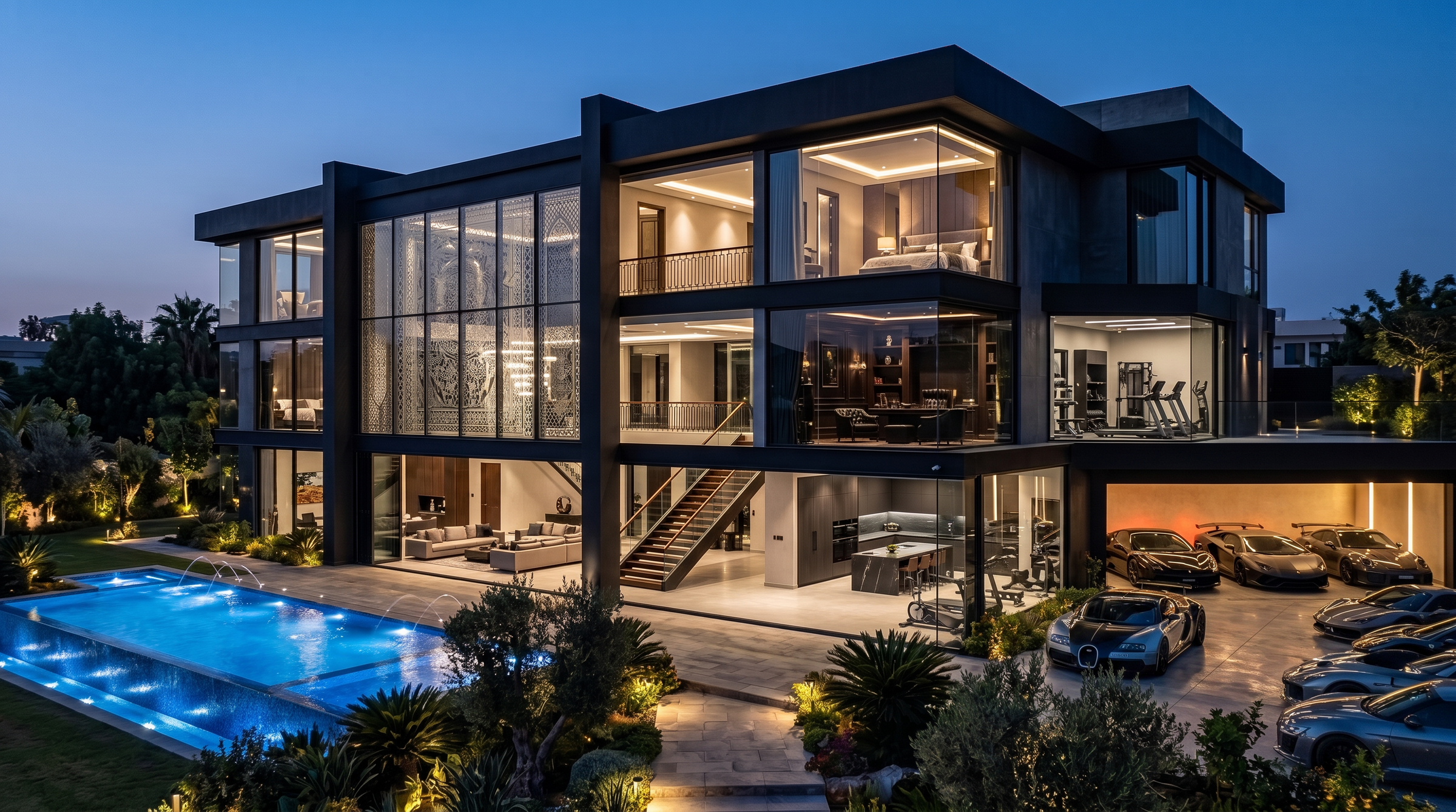Modern luxury apartment building at dusk